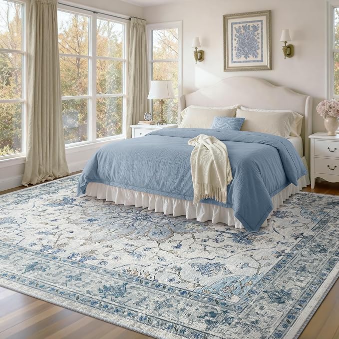 RELEANY Area Rugs Large 9'x12' Washable Non-Slip, Floral Vintage Distress Medallion Carpet for Living Room Bedroom Dining Room, Light Blue Navy Gray White