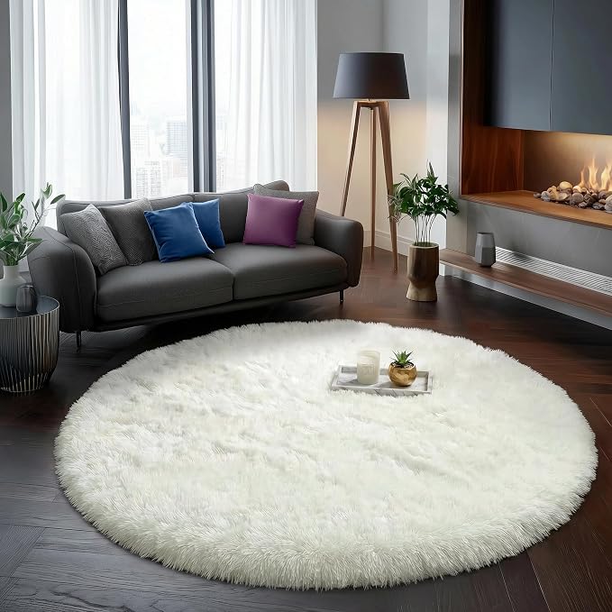 Amdrebio Ivory White Large Round Rug 8Ft for Kids Bedroom Aesthetic, Fluffy Fuzzy Furry Circle Area Rugs for Living Room, Big Plush Soft Shaggy Cream Carpet for Apartment Baby Nursery Teen Girls Boys