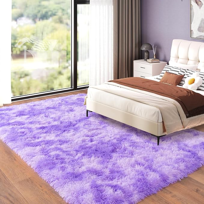 Dssimo 9x12 Area Rugs for Living Room, Purple Tie-Dyed Plush Fluffy Carpet | Upgrade Non-Slip Thick Large Plush Shag Rugs for Nursery Kids Room Dorm Room Home Decor, Indoor Plush Floor Carpet