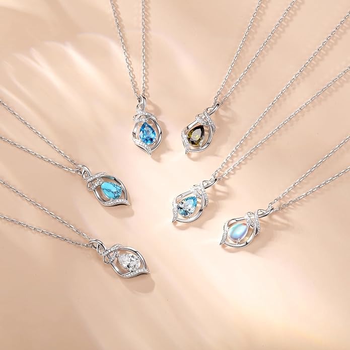 FANCIME Teardrop Birthstone Necklace for Women S925 Sterling Silver Elegant Ribbon Pendent Necklace Birthday Jewelry Gifts for Mom Wife Her, 16"+2" Inches