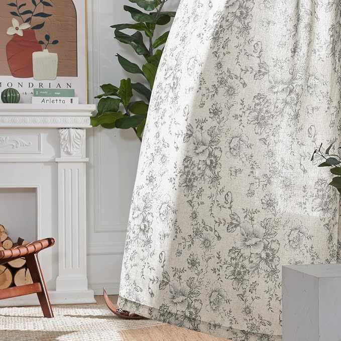 jinchan Grey Floral Linen Curtains 45 Inch Vintage Back Tab 2 Panels | Light filtering drapes, semi sheer, farmhouse, cottagecore, rustic, living room, bedroom, rod pocket, window treatment