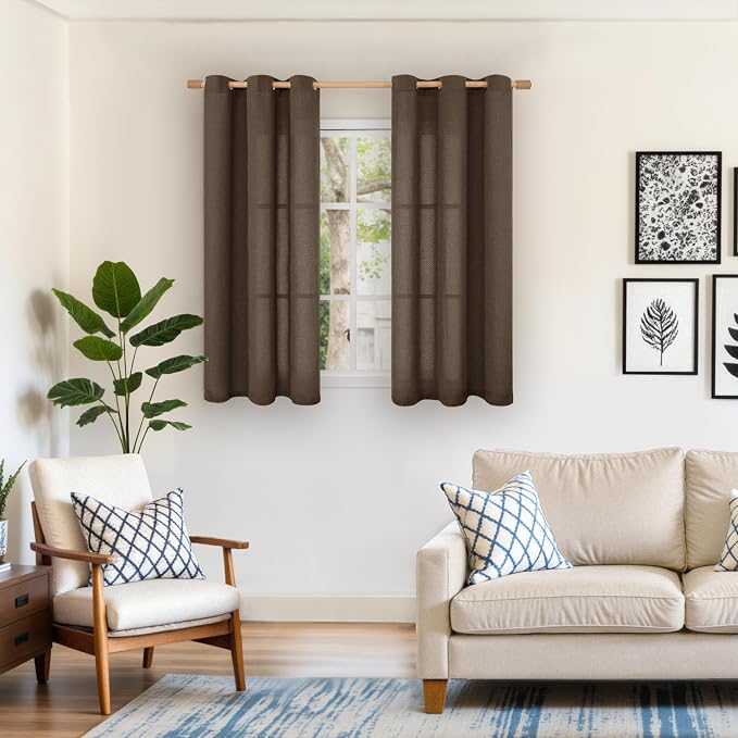 YoungsTex Brown Linen Curtains 45 Inches Length for Short Window, Chocolate Textured Semi Sheer Drapes Light Filtering with Bronze Grommet for Bathroom Living Room Window, 42 x 45 Inch, 2 Panels