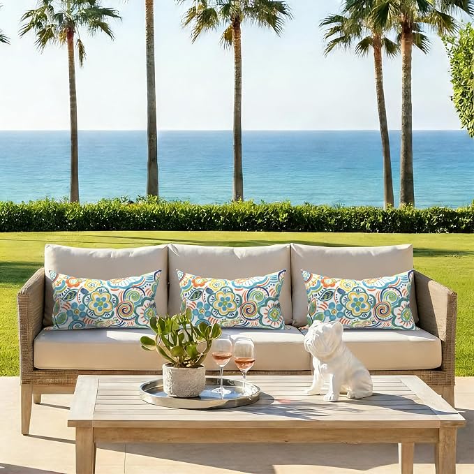 Pack of 2 Outdoor Lumbar Pillow Covers, All Weather Cushion Pillow Cases 12x20 Inch, Pillowcase for Patio Couch Decoration, Flower Blue