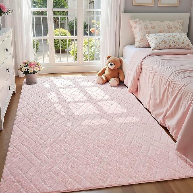 Macgace Ultra Soft Pink Area Rug for Girls Bedroom, 4x6 Modern Geometric Shag Rugs with Nonslip Backing for Living Room, Washable Fuzzy Carpet for Cozy Kids Room