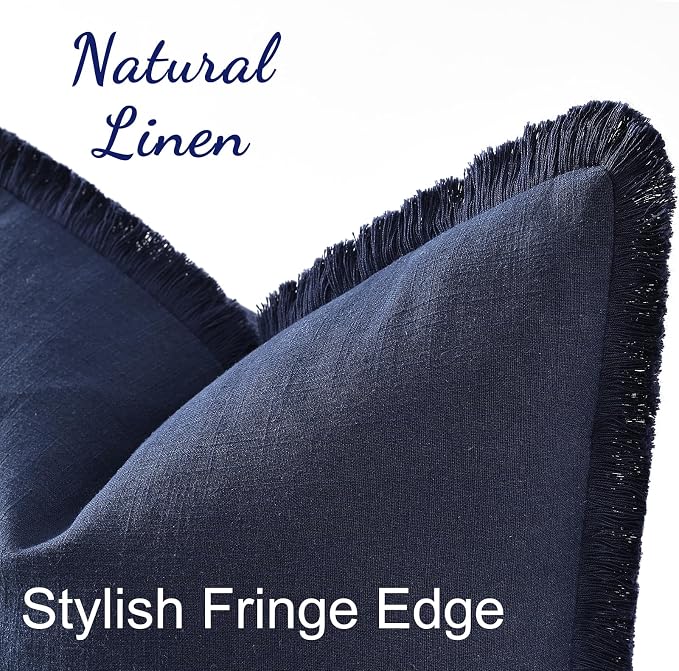 decorUhome Linen Fringe Navy Blue Throw Pillow Covers 18x18 Set of 2 | Decorative Soft Accent Modern Boho Farmhouse Cushion Covers with Tassels Cotton Pillow Covers for Couch Bed Sofa