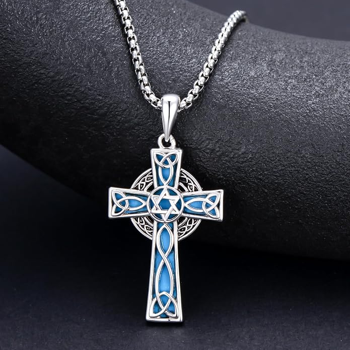 HPQQ Cross Necklace 925 Sterling Silver Turquoise Tree of Life Celtic Knot Cross Pendant Jewelry Mother's Day Gifts for Women