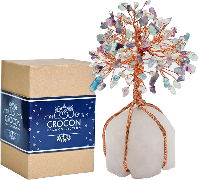 Crocon Fluorite Crystal Tree of Life - Natural Quartz Stone Base, Gemstone for Positive Energy, Feng Shui Decor - Chakra, Copper Wire Money Bonsai, Healing Stones, Luck Gem - Spiritual Gift