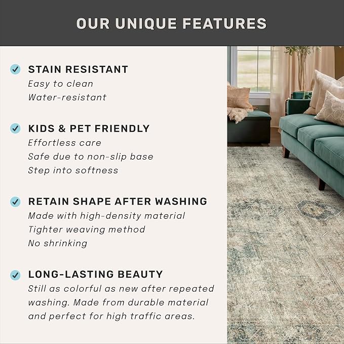 Hazo Haus 8x10 Farmhouse Rugs for Living Room - Moss Green Brown Large Area Rug for Bedroom, Dining Room, Home Office, Soft Washable & Stain Resistance