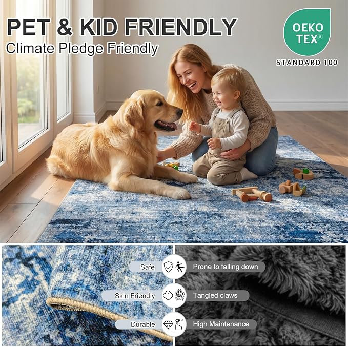 Washable Area Rugs, 0.26 Inch Low Pile Non Slip Abstract Rugs for Bedroom Study Room - Foldable Indoor Carpet, Pet Friendly Surface, Stain-Resistant & Water-Resistant, 5'x7', Blue