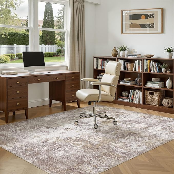 6x9 Area Rug, Non Slip Low Pile Washable Large Rug for Living Room | Modern Abstract Carpet, Stain Resistant Kid & Pet Friendly, Made for Dining Room, Nursery, Home Office Indoor - Gold Brown