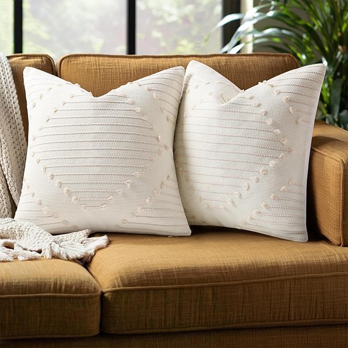 Mecatny Boho Summer Outdoor Throw Pillow Covers 20X20 Set of 2, Farmhouse Decorative Pillow Covers for Couch Sofa Living Room, Beige & Cream White