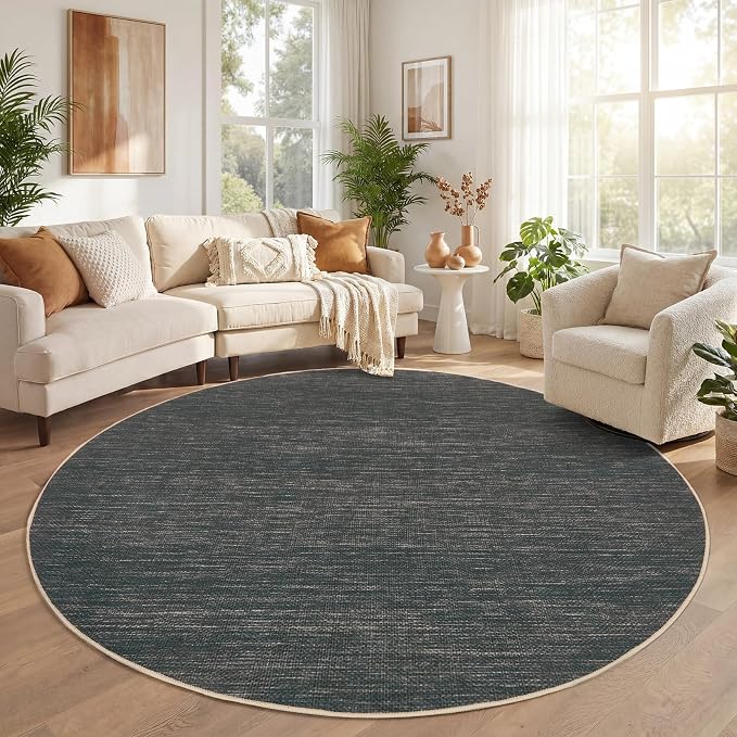GarveeHome Easy Jute 6ft Washable Round Rug Large Solid Bedroom Area Rugs | Modern Non Slip Living Room Circle Rugs Dining Room Throw Carpet Indoor Round Rugs for Kitchen Nursery Entryway, Grey