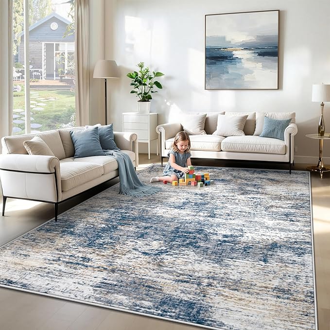 XLUEZ 6x9 Area Rugs for Living Room, Washable Modern Abstract Large Area Rug Neutral Soft Non Slip Kids Rug Stain Resistant Indoor Carpet for Bedroom Nursery Dining Room Playroom(BlueWhite, 6'x9')