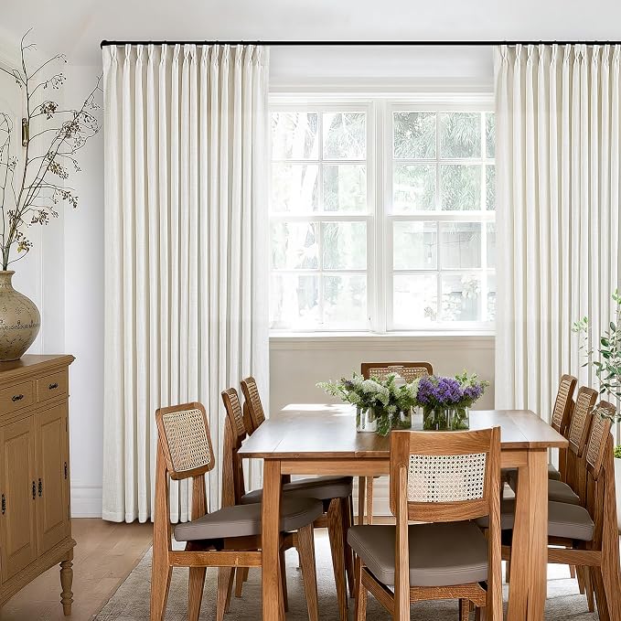 Custom Made Pinch Pleated Linen Curtains 105 Inches Long for Living Room 2 Panels Set Cream Ivory Memory Pleated Drapes Back Tab Neutral Boho Ceiling Floor 105 Inch Window Curtains Natural Birch