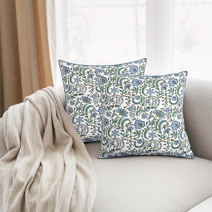 Ridhi Block Print Columbia Blue Pillow Cover 20" x 20" (Pack of 2) Decorative Couch Pillows for Living Room, Chic Boho Cute Outdoor Pillows Covers Gifts for Spring, Easter and Valentine