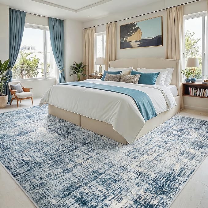 8x10 Area Rugs for Living Room Washable Rug: Anti-Skid Abstract Modern Living Room Rug Soft Thin Carpets Indoor Floor Non-Shedding Carpet for Bedroom Dining Farmhouse Nursery Home Office Blue Gold