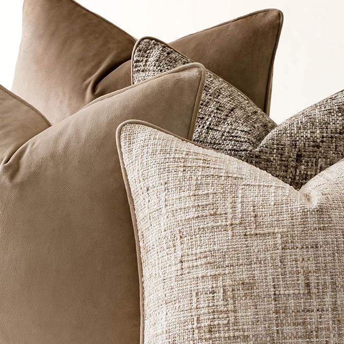 a moment Neutral Khaki Brown 4 Pack Throw Pillow Covers - Chenille & Velvet Set with Piping, Farmhouse Textured Design Pillow Cases for Couch Sofa Bed Livingroom (20x20 Inch, No Insert)