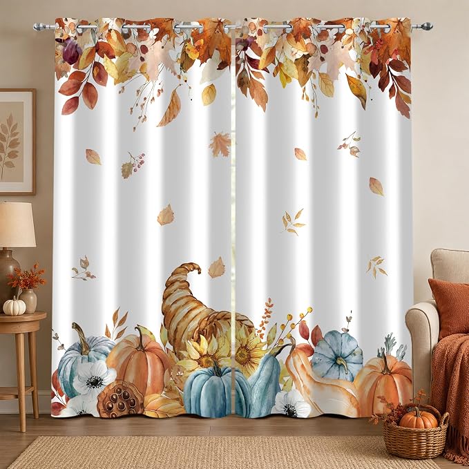 Harvest Pumpkin Window Curtains 52 x 63 in, Watercolor Fall Drapes with Cornucopia, Autumn Leaves and Blue Pumpkin Farmhouse Decor for Bedroom Living Room