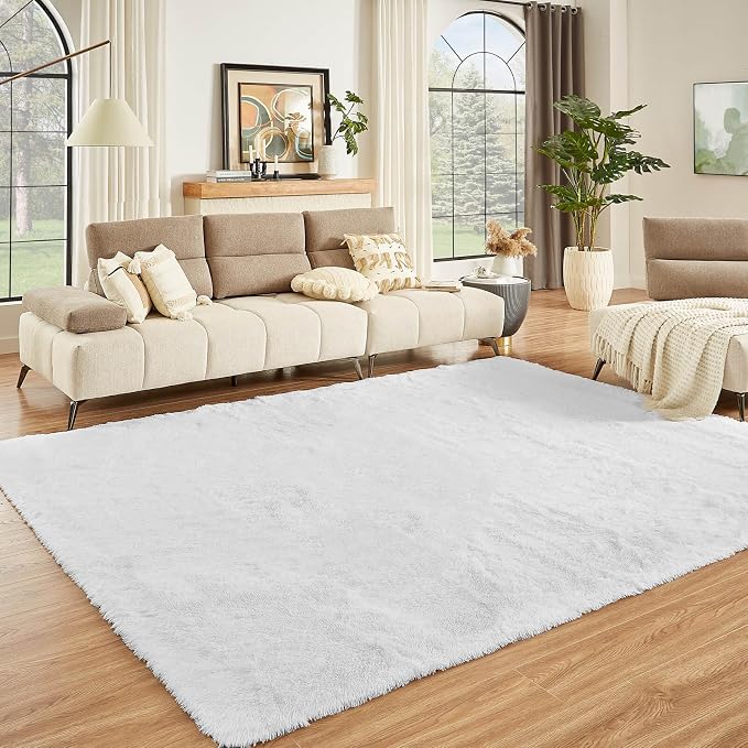 Floralux Bedroom Rug 9x12, Large White Shag Rugs for Living Room, Soft Fluffy Large Area Rug, Non-Slip Plush Modern Floor Carpet for Nursery, Dorm Home Decor Aesthetic