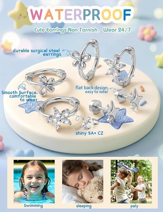 SAILIMUE Hypoallergenic Flat Back Earrings for Girls Women - Cute Toddler Kids Earrings Set Surgical Stainless Steel Earring for Sensitive Ears Small 14K Gold Plated Stud Hoop Earring Stacks