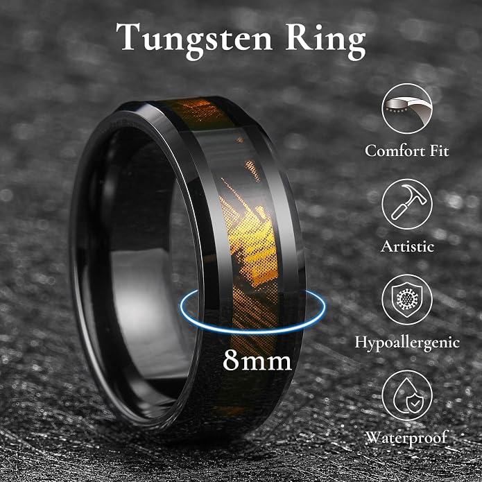 King Will Black Tungsten Wedding Band For Men, 8mm Promise Ring Inlay Red Twill Pattern/Colorful Wood Chips, High Polished Beveled Edge - Suitable For Daily Wear, Comfort Fit Size 7-14