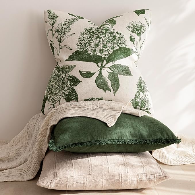 Foindtower Set of 2 Linen Floral Throw Pillow Covers Neutral Vintage Print Decorative Cozy Cushion Covers Farmhouse Boho Home Decor for Sofa Chair Couch Bedroom Living Room,24×24 Inch,Dark Green