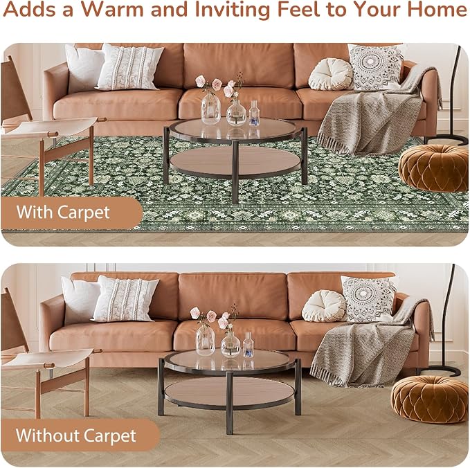 OPPODREAM Low-Pile Area Rugs, Faux Wool Carpet for Living Room, Kitchen, Office, Dorm, Bedroom, Vintage Washable Rug Non Slip, Dark Green, 3'x5'