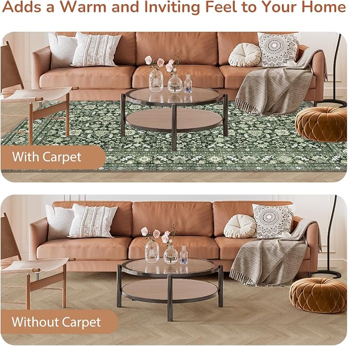 OPPODREAM Low-Pile Area Rugs, Faux Wool Carpet for Living Room, Kitchen, Office, Dorm, Bedroom, Vintage Washable Rug Non Slip, Dark Green, 6'x9'