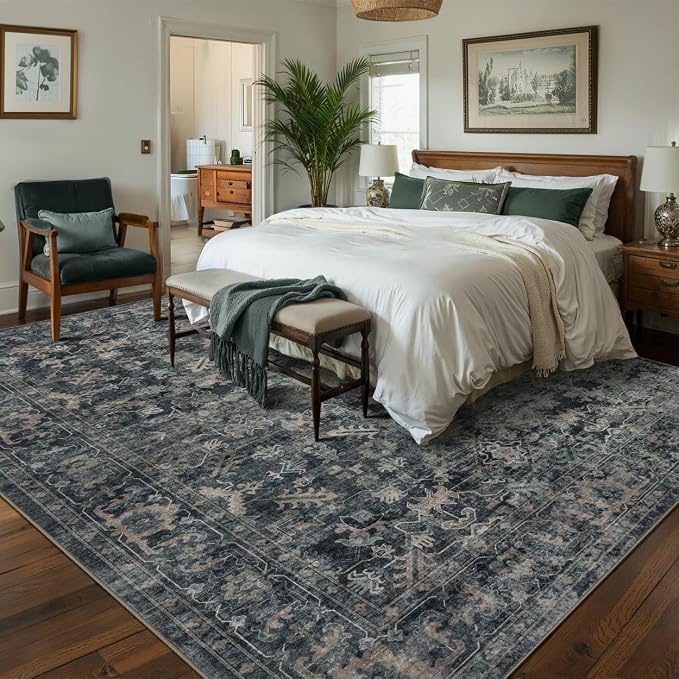 Rugxara Blue 8x10 Area Rugs for Living Room Bedroom Large Washable Rug | Non Slip, Rug for Dining Room Office Kids Room, Stain Resistant, Soft, Low Pile, Vintage Boho Retro Carpet,Home Decor