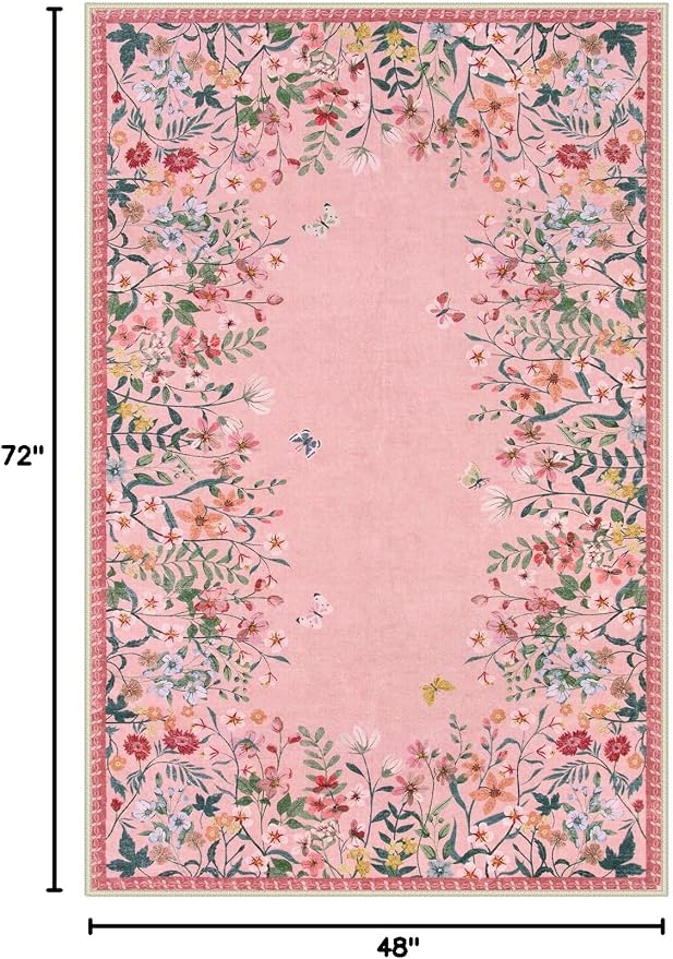Wonnitar 4x6 Washable Area Rug, Pink Rug for Girls Bedroom, Boho Floral Nursery Rug, Non Slip Accent Carpet for Kids Room, Farmhouse Flower Dorm Vanity Indoor Decor (4x6 Pink)