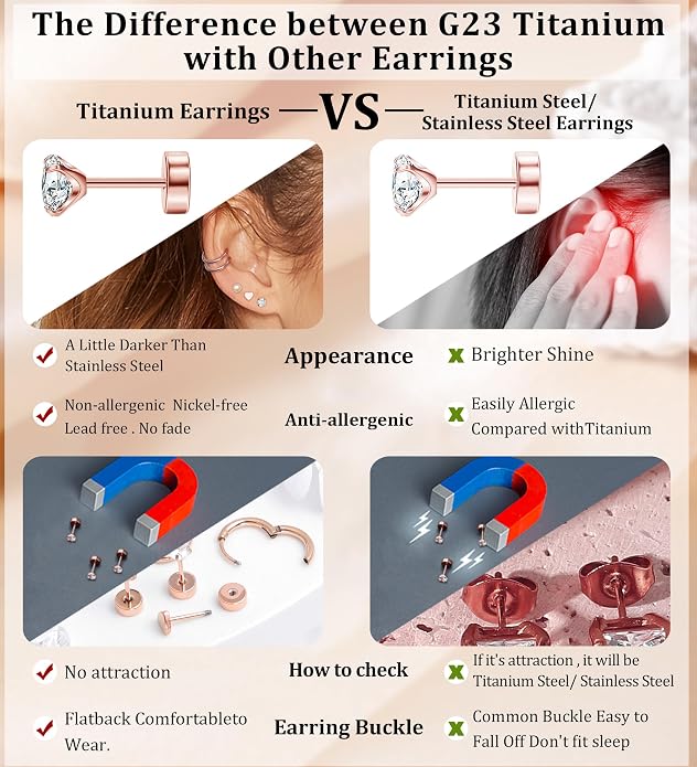 MJust Titanium Earrings for Sensitive Ears 20G Hypoallergenic Stud Hoop Earrings for Women Men Opal Ball CZ Heart Pearl Flat Back Earrings Cartilage Earrings Set