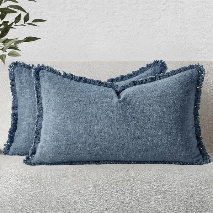 MIULEE Decorative Lumbar Throw Pillow Covers Neutral Linen Fringe Throw Pillows Set of 2 Blue Ashes Boho Farmhouse Cushion Covers for Couch Sofa Bed Living Room Spring Home Decor 12x20 Inch
