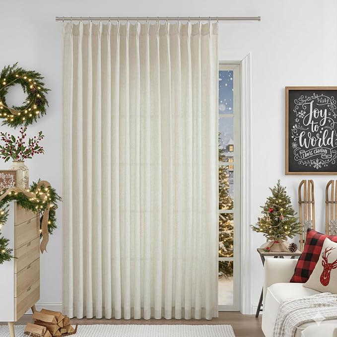Vision Home Natural Pinch Pleated Semi Sheer Curtains Textured Linen Blended Light Filtering Window Curtains 108 inch for Living Room Bedroom Patio Pinch Pleat Drapes with Hooks 1 Panel 84" Wx108 L