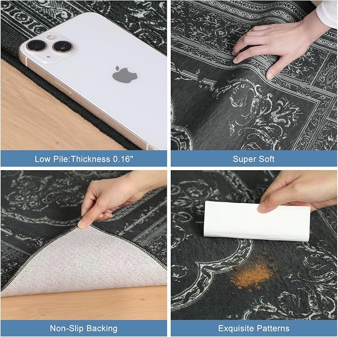 8x10 Large Area Rugs for Living Room, Black Low Pile Machine Washable Rug for Bedroom, Non-Slip Floral Print Durable Vintage Carpet for Dinning Room, Kitchen, Outdoor