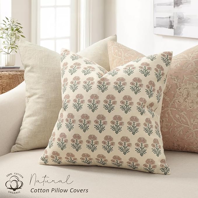 Farmhouse Floral Pillow Covers 22x22 Set of 2, Country Botanical Throw Pillow Cover for Sofa Couch Bed Living Room, Rustic Vintage Flower Cushion Covers Cottage Home Decor,Blush Sage