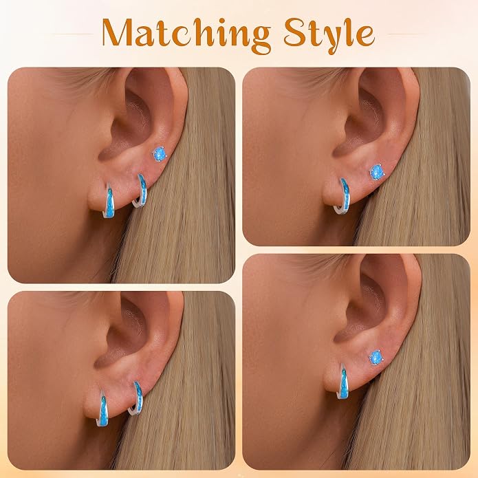 CiNily Opal Earrings Set for Women Hypoallergenic, Opal Stud Huggie Hoop Earrings Silver/Rose Gold Plated Dainty Hoop Huggie Silver Dangle Earring Stacks, Gold Jewelry