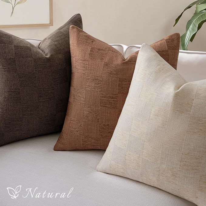 a moment Set of 2 Decorative Linen Throw Pillow Covers,Large Grid Textured Neutral Boho Farmhouse Cushion Covers,Soft Aesthetic Pillowcases for Couch Sofa Living Room Home Decor,22x22 Inch,Natural