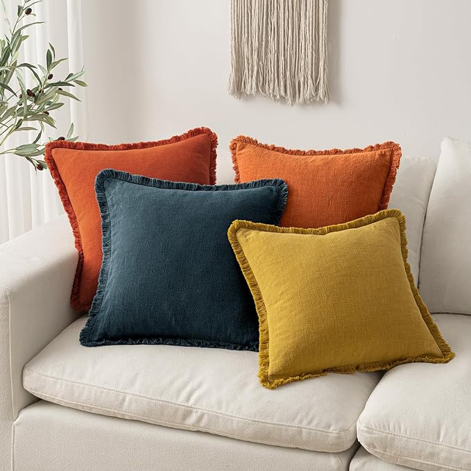 MIULEE Decorative Throw Pillow Covers Neutral Linen Fringe Throw Pillows Set of 2 Burnt Orange Boho Farmhouse Cushion Covers with Tassels for Couch Sofa Bed Living Room Fall Home Decor 22x22 Inch
