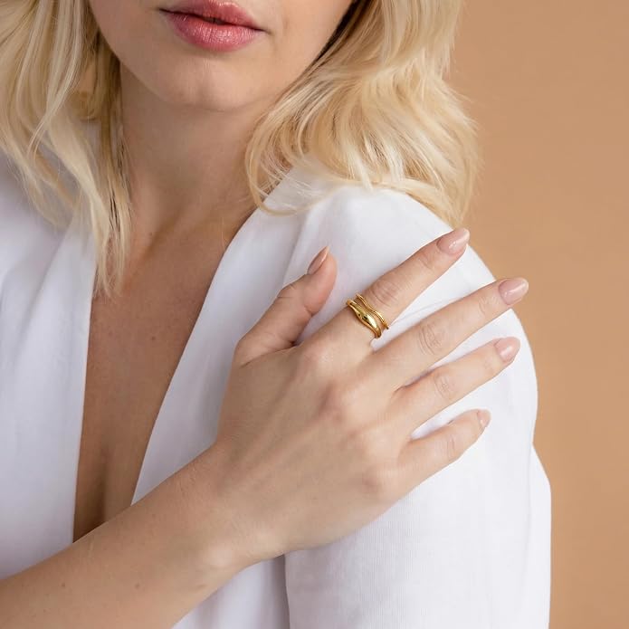 Gold Rings for Women Men Non Tarnish, Waterproof Chunky 14K Gold Plated Dainty Stackable Rings Trendy Statement Pinky Thumb Rings Engagement Eternity Wedding Band Ring Stacking Gold Jewelry Size 3 4 5 6 7 8 9 10 11