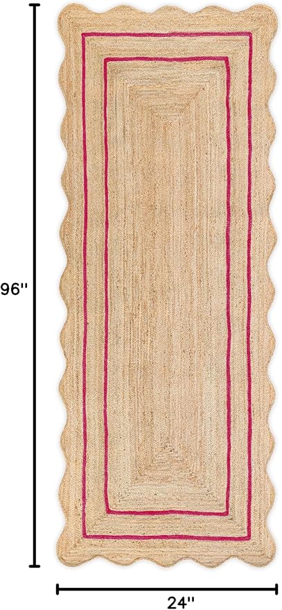 Wave Scalloped Natural Jute Rug Boho Jute Rug Entryway Runner Rug Farmhouse Scallop Rug, Dark Pink (2'x8')