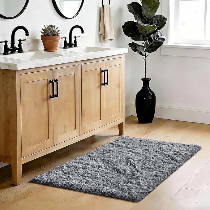 Fluffy Rug Shag Area Rug, Grey 3x5 Area Rugs for Bedroom, Small Bedside Rug, Soft Fluffy Shag Entryway Throw Rugs for Living Room Bedroom Room Home Decor