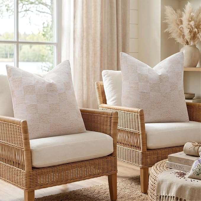 a moment Set of 2 Decorative Linen Throw Pillow Covers,Large Grid Textured Neutral Boho Farmhouse Cushion Covers,Soft Aesthetic Pillowcases for Couch Sofa Living Room Home Decor,24x24 Inch,Beige