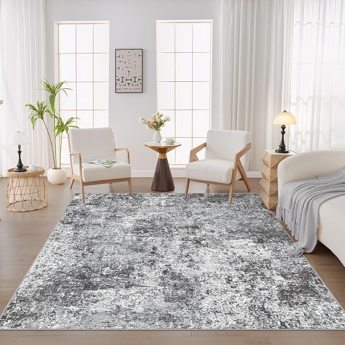 DMOYEST Square Area Rug Living Room Rugs - 8x8 Washable Large Soft Indoor Neutral Modern Abstract Low Pile Rug Carpet for Bedroom Dining Room Farmhouse Home Office - Grey