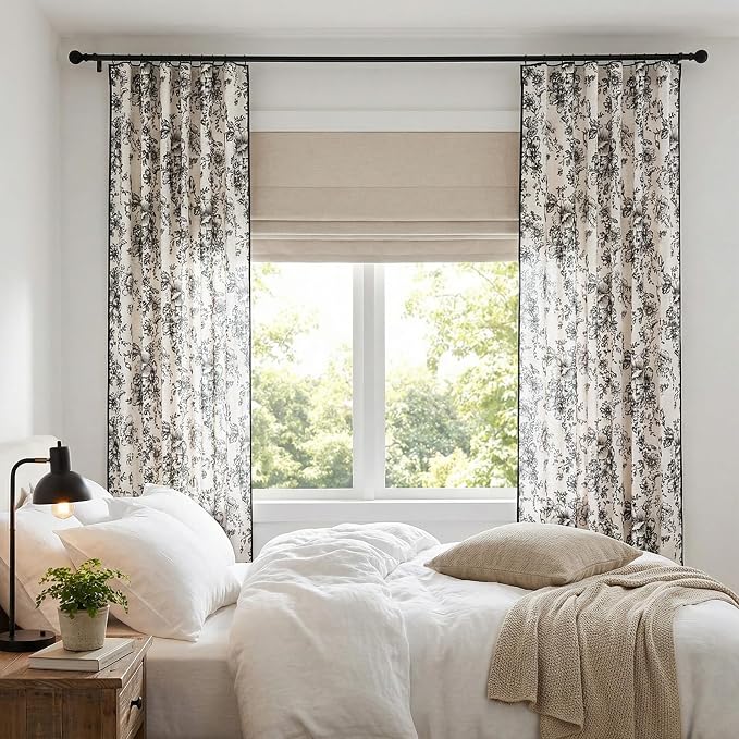 jinchan Floral Linen Curtains with Black Trim 84 Inch Back Tab 2 Panels | Light filtering drapes, semi sheer, french country, farmhouse, vintage, living room, bedroom, rod pocket, window treatment