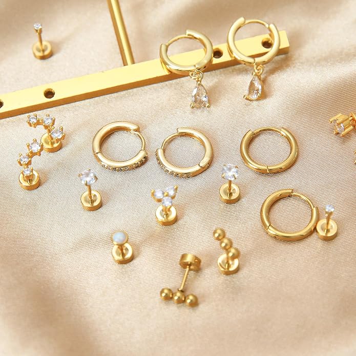 Stainless Steel Stud Earrings Set for Women Hypoallergenic Flat Back Cartilage Earrings Screw Back Huggie Hoop Earrings Multiple Piercing Cubic Zirconia Helix Tragus Jewelry