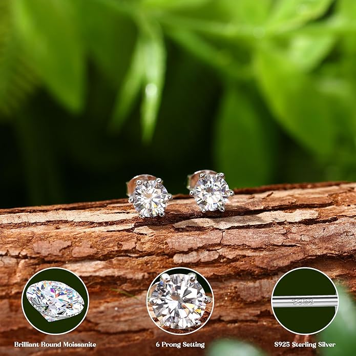 Moissanite Stud Earrings : 18K White Gold Plated Solid 925 Sterling Silver Earring Hypoallergenic Dainty Flat Back Stud Earrings Jewelry for Women Men D Color VVS1 Clarity