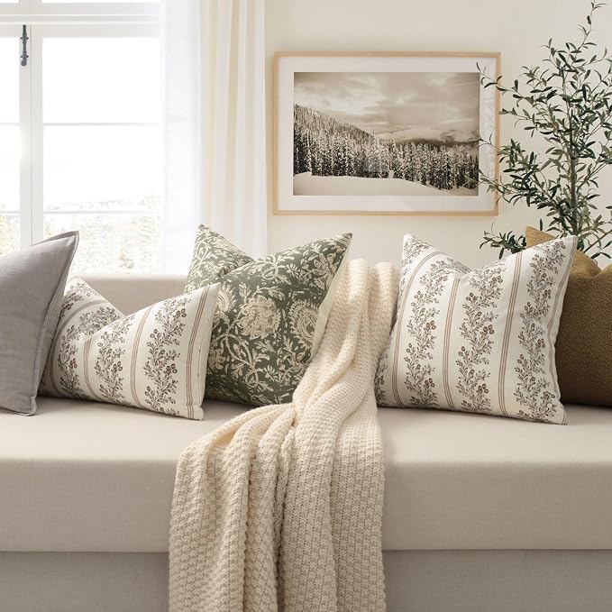 Vintage Throw Pillow Covers 18x18 Set of 2 Striped Floral Pillow Cover | Botanical Patterned Decorative Cushion Covers Modern Farmhouse Home Decor for Sofa Couch Bed Living Room Latte