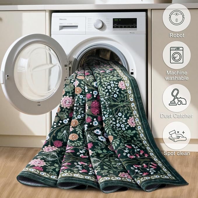 Round Area Rug for Living Room: 8 ft Floral Washable Circle Rug Soft Boho Non-Slip Carpet Indoor Floor Stain Resistant Low Pile Small Circular Rug for Bedroom Entryway Kitchen Nursery Dark Green