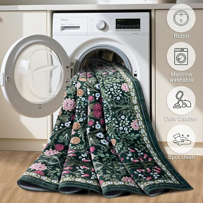 Runner Rug for Entryway: 3x10 Kitchen Rugs Non Slip Washable Ultra-Thin Soft Floral Carpet Indoor Floor Stain Resistant Carpets for Hallway Bedroom Kitchen Laundry Bathroom Dorm Dark Green