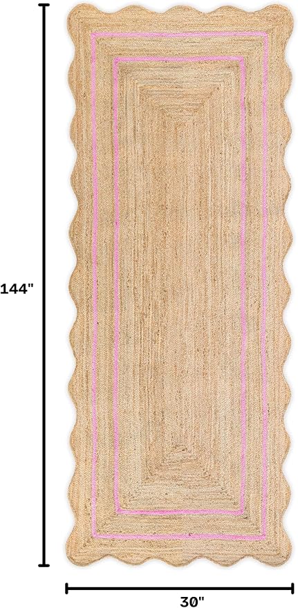 Wave Scalloped Natural Jute Rug Boho Jute Rug Entryway Runner Rug Farmhouse Scallop Rug, Light Pink (2'6"x12')